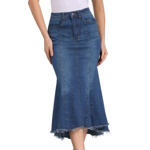 Washed Fishtail High Waist Jean Denim Fashion Casual Midi Skirt Deep Blue